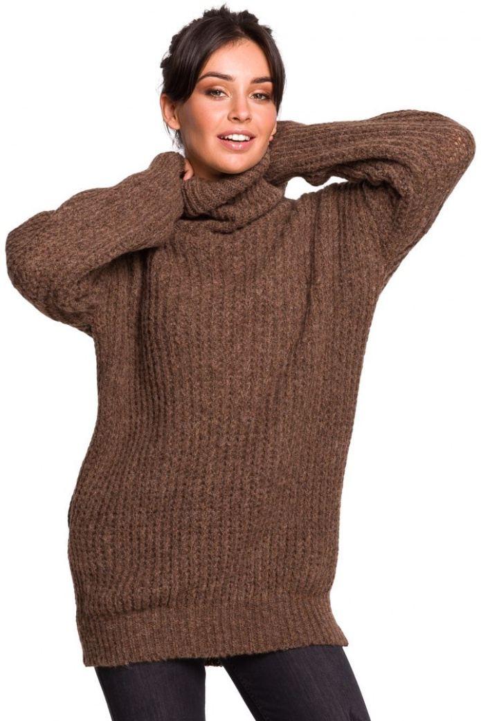 Sweter Damski - Długi Gruby Z Golfem - karmelowy